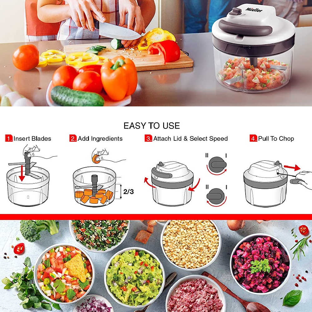 Brieftons Express Food Chopper: Large 8.5-Cup, Quick & Powerful Manual Hand  Held Chopper to Chop & Cut Fruits, Vegetables, Herbs, Onions for Salsa