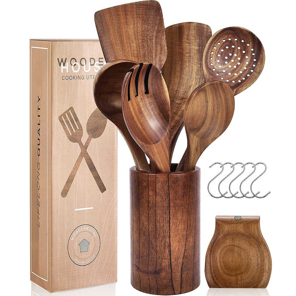 Wooden Spoons for Cooking, 10 Pcs Teak Wood Cooking Utensil Set –  Woodenhouse Lifelong Quality