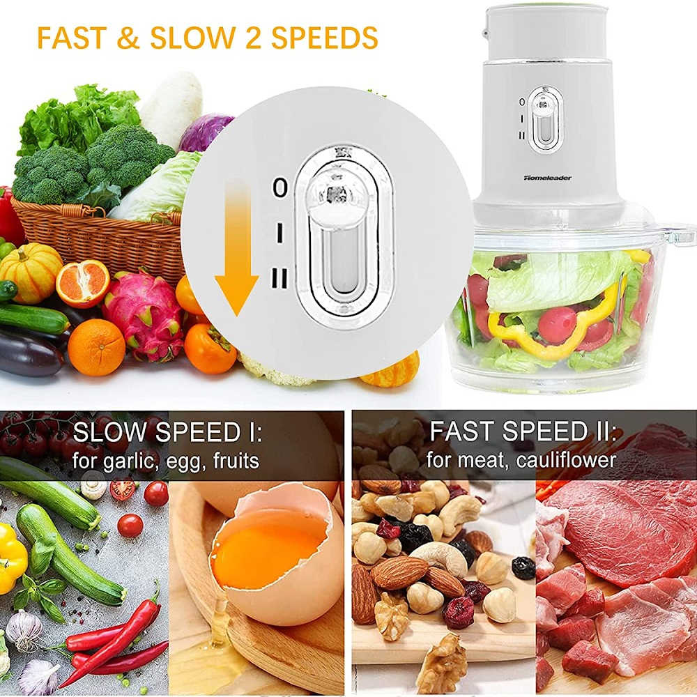 Electric Food Chopper, 8-Cup Food Processor by Homeleader, 2L Glass Bowl Grinder for Meat, Vegetables, Fruits and Nuts, Stainless Steel Motor Unit